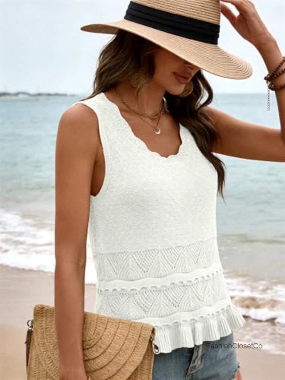 Crochet Knit Sweater Vest Sleeveless Ruffle Hem Boho Crop Top - Picture 2 of 6